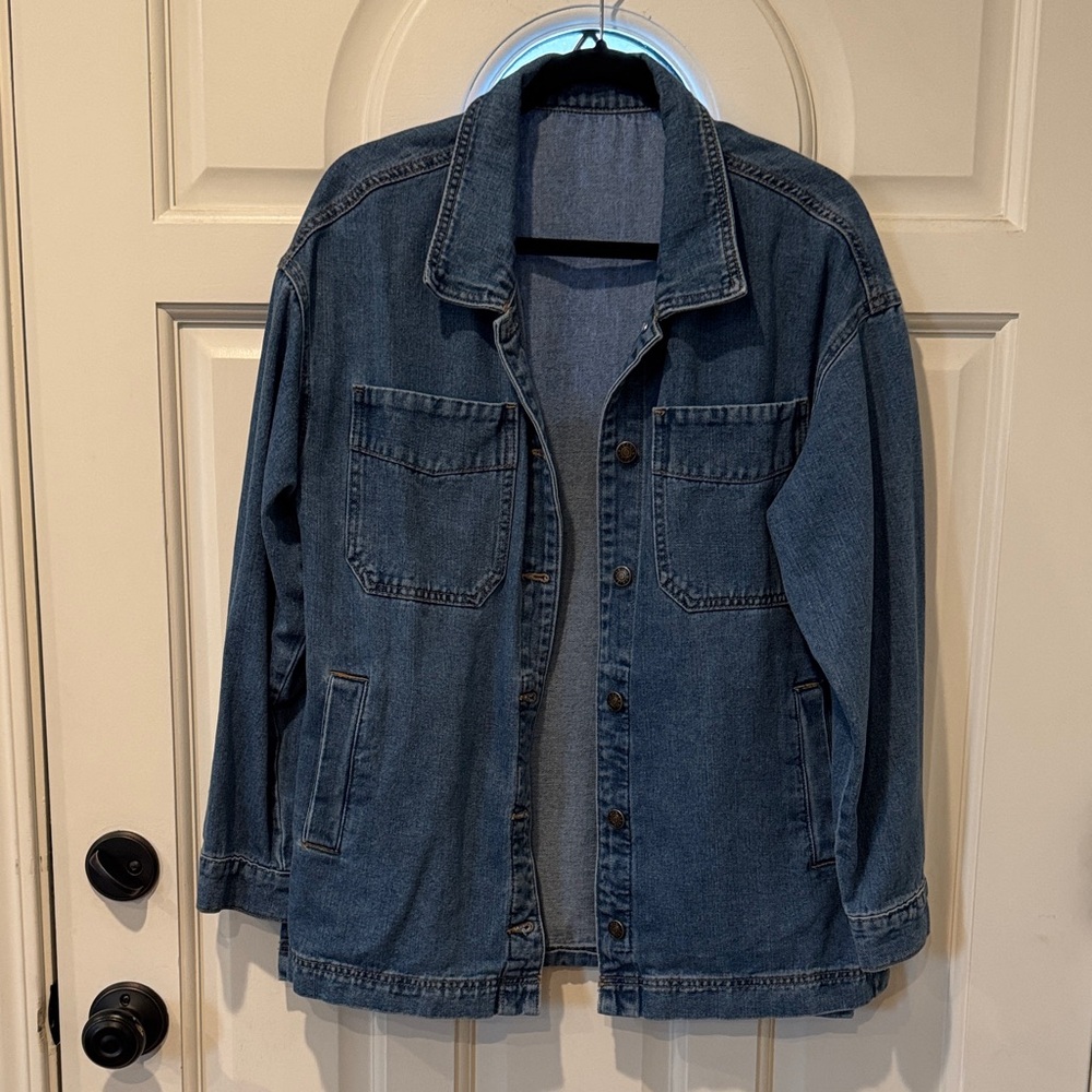 Amazon Oversized boyfriend dark Blue Denim Jean Jacket shacket size S - Picture 4 of 6